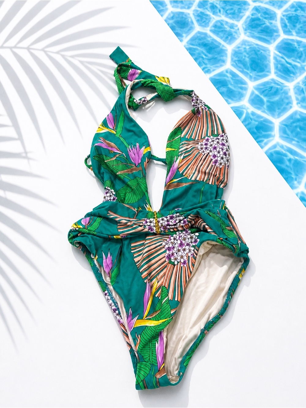 Tropical Green Halter One-Piece Swimsuit with Floral Print